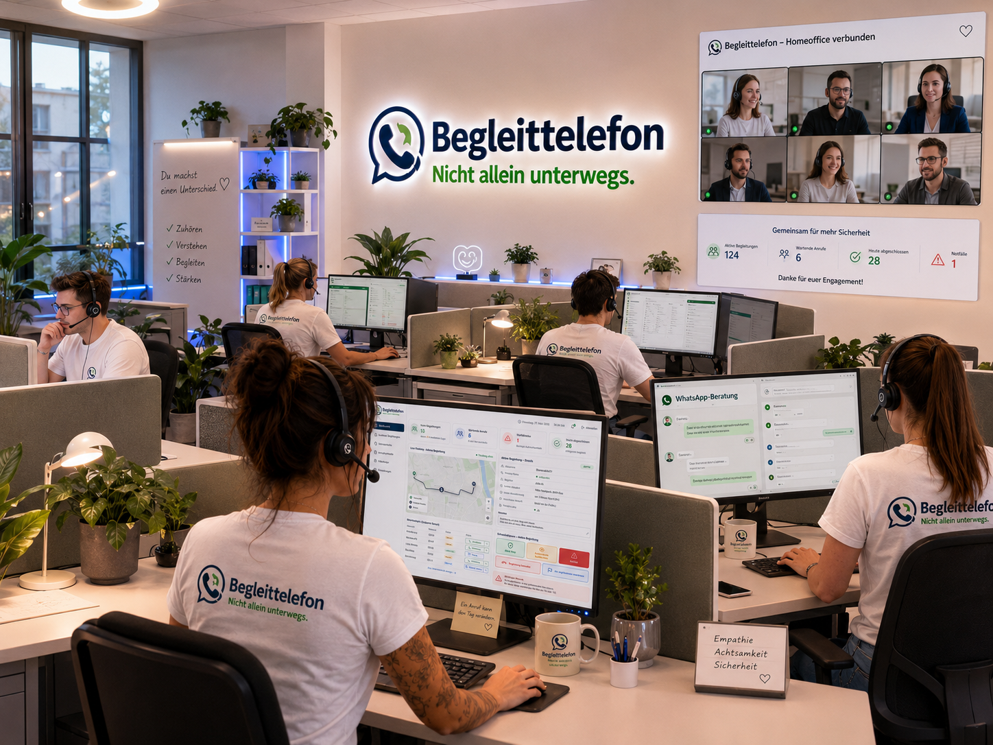 Vision einer großen Begleittelefon-Zentrale mit mehreren Telefonplätzen, WhatsApp-Begleitung und angebundenen Mitarbeitenden im Homeoffice