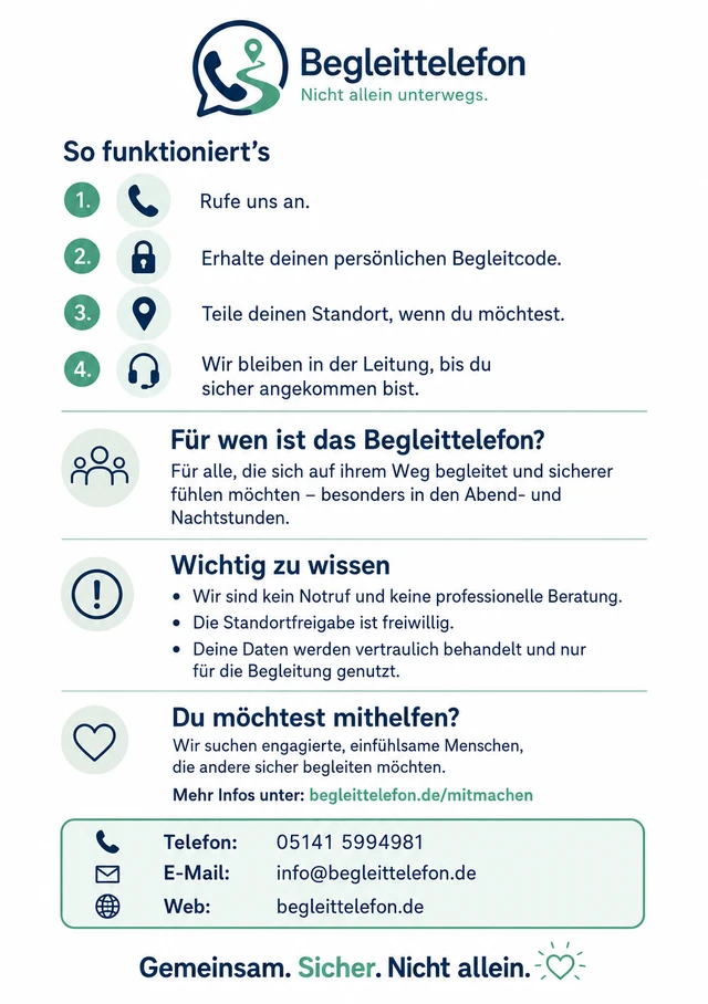 Begleittelefon – So funktioniert es, Infoblatt mit Ablauf, Hinweisen und Kontaktdaten